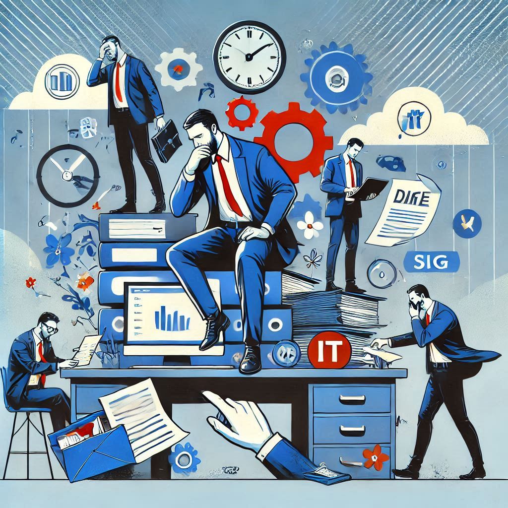 Business professionals navigating IT challenges, surrounded by graphs, gears, and technology symbols, illustrating the need for effective IT support and management.