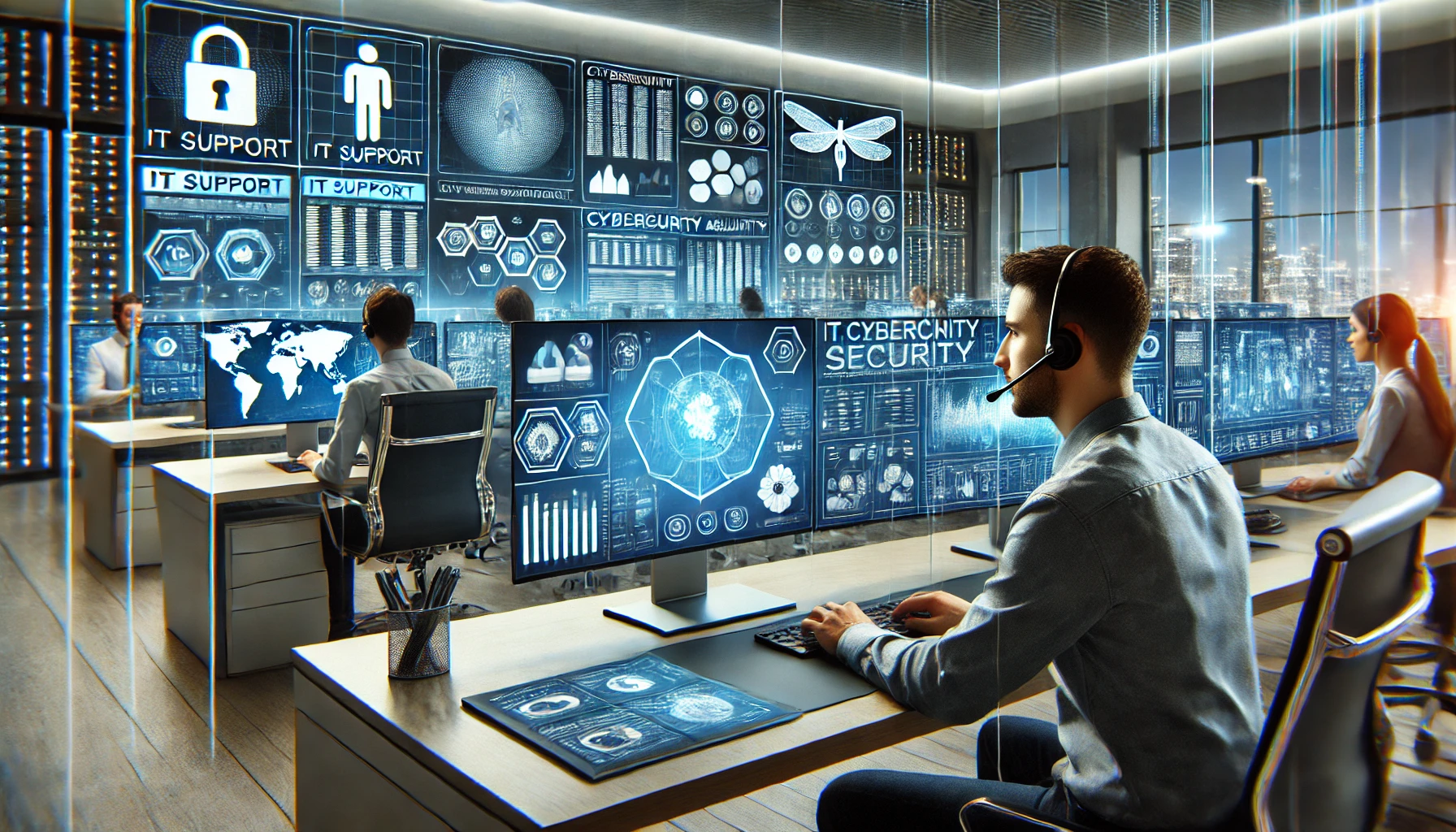 IT support professionals monitoring cybersecurity data on multiple screens in a modern office environment.