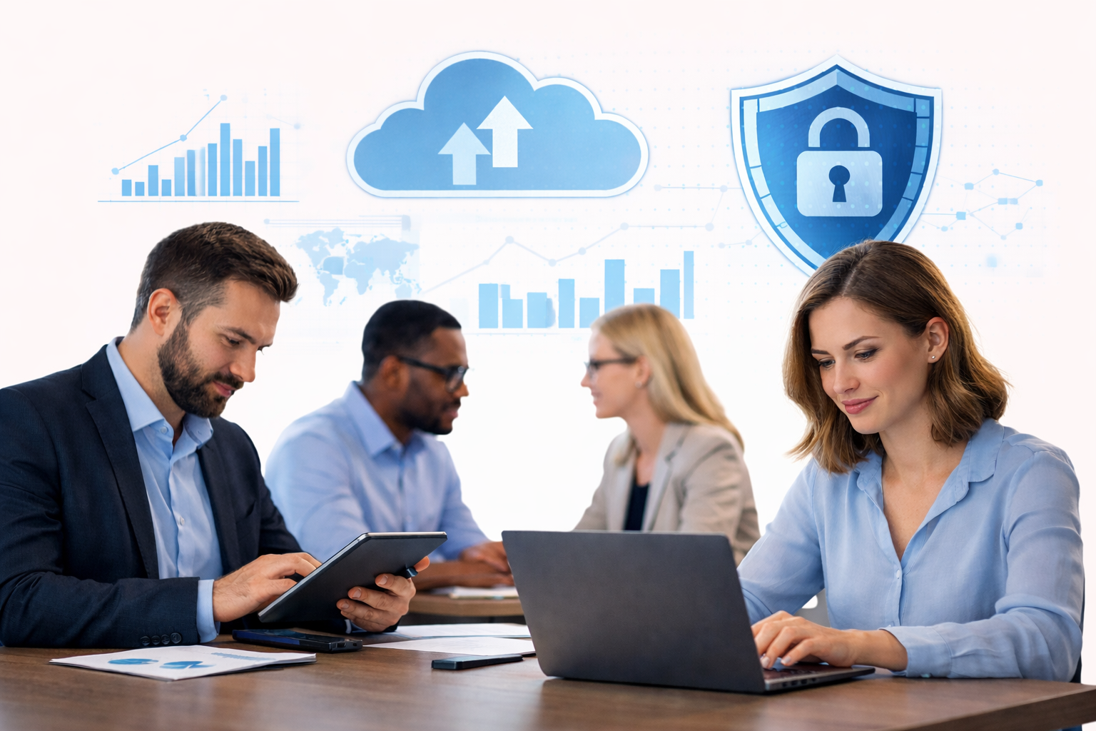 Business professionals collaborating in a modern office setting, with visuals of cloud computing, data security, and analytics charts in the background, highlighting the importance of technology in business growth and cloud adoption.