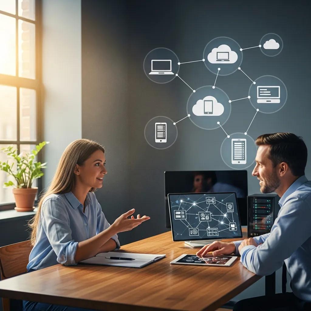 Business owner consulting with IT service provider, highlighting support for growing SMEs