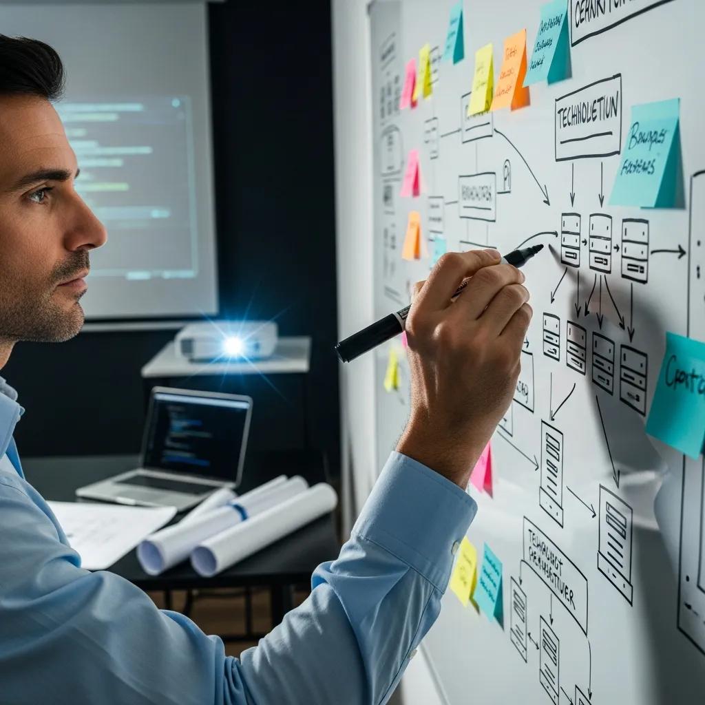 Business professional outlining technology planning process on a whiteboard