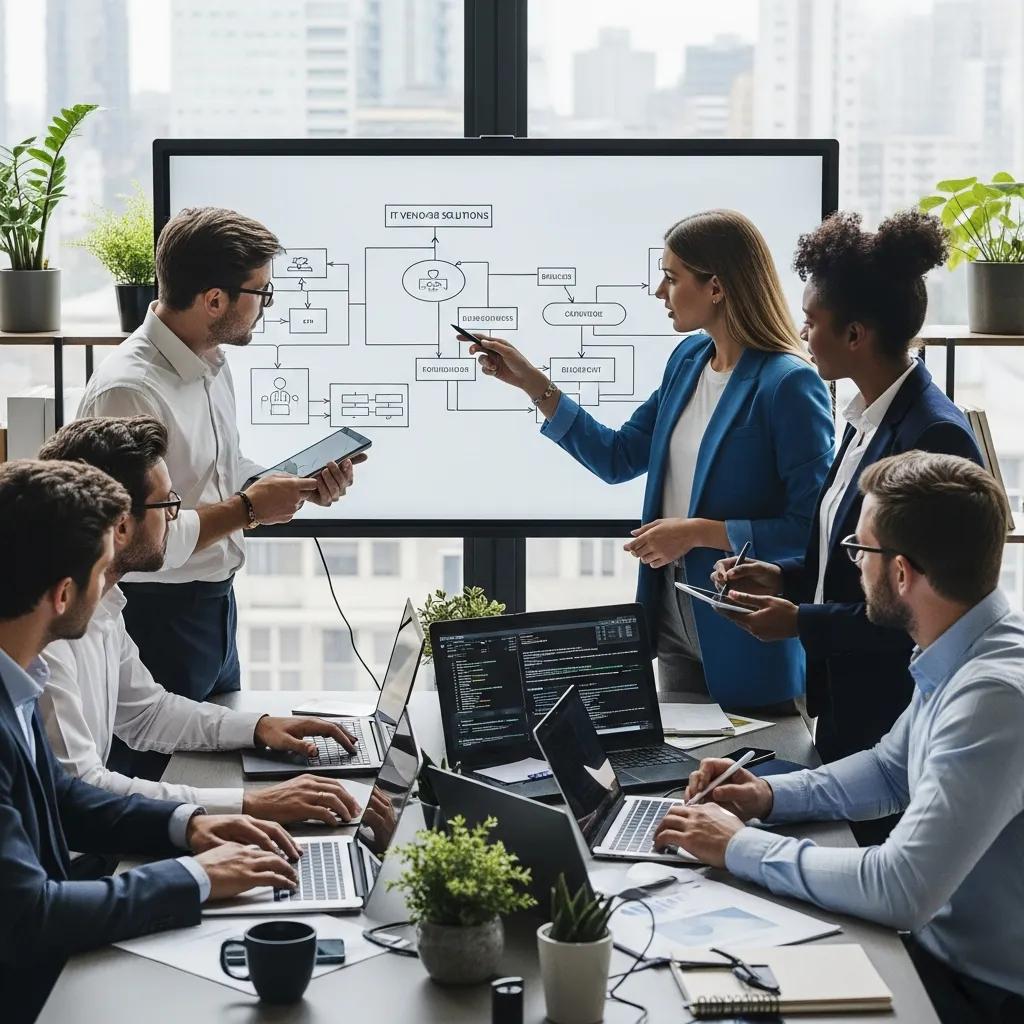 Business professionals collaborating on IT vendor management solutions in a modern office