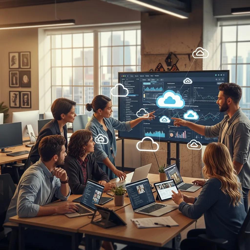 Cloud migration in a modern SME office with employees collaborating over technology
