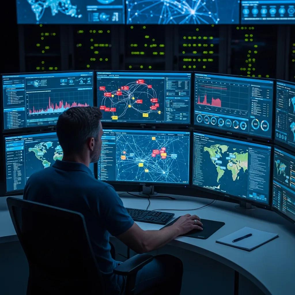 Cybersecurity expert monitoring security systems in a high-tech operations center