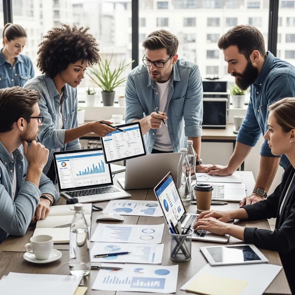 Diverse small business owners collaborating on digital marketing strategies with laptops and marketing materials