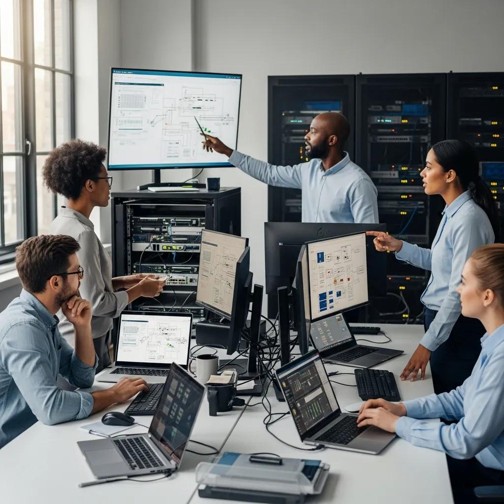 IT professionals collaborating on hardware asset management in a modern office