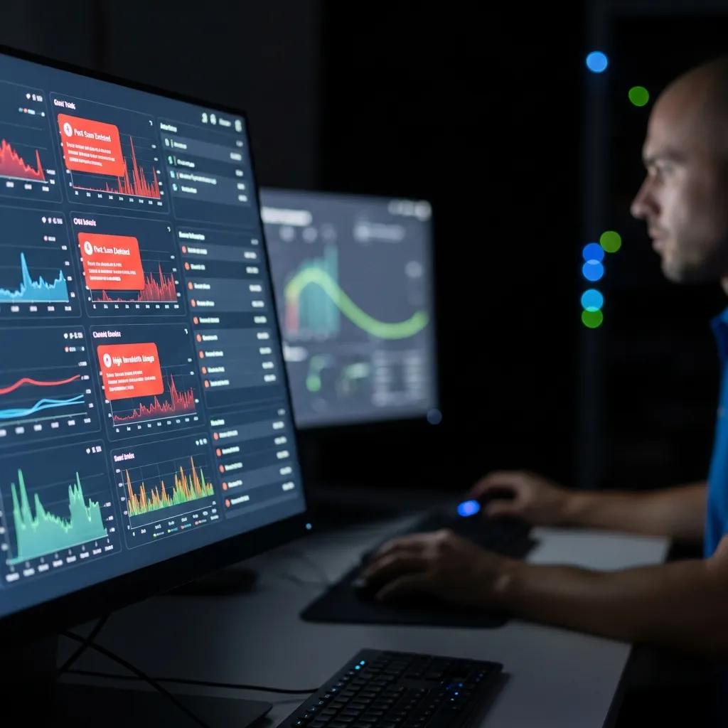 Network monitoring dashboard on a computer screen, illustrating continuous IT monitoring for cybersecurity