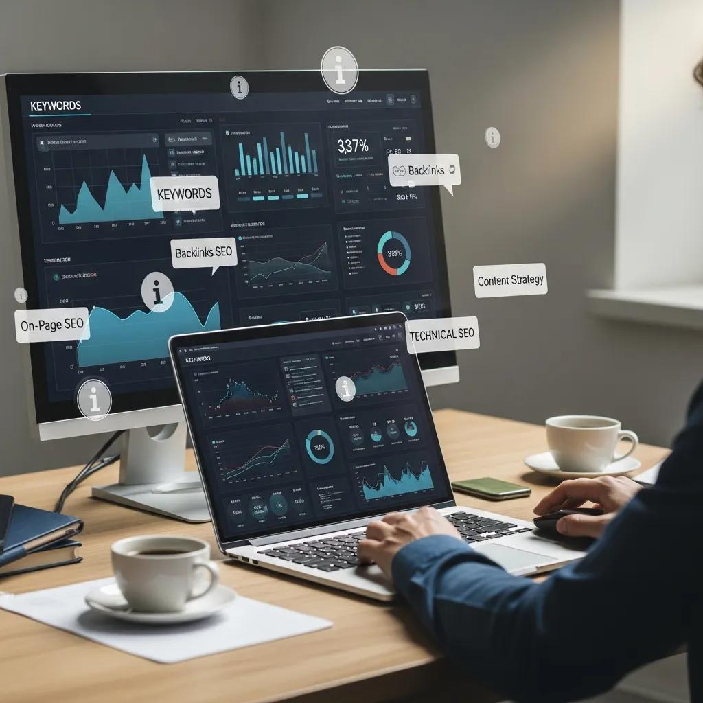 Person analyzing website performance for SEO best practices with graphs and charts on a laptop