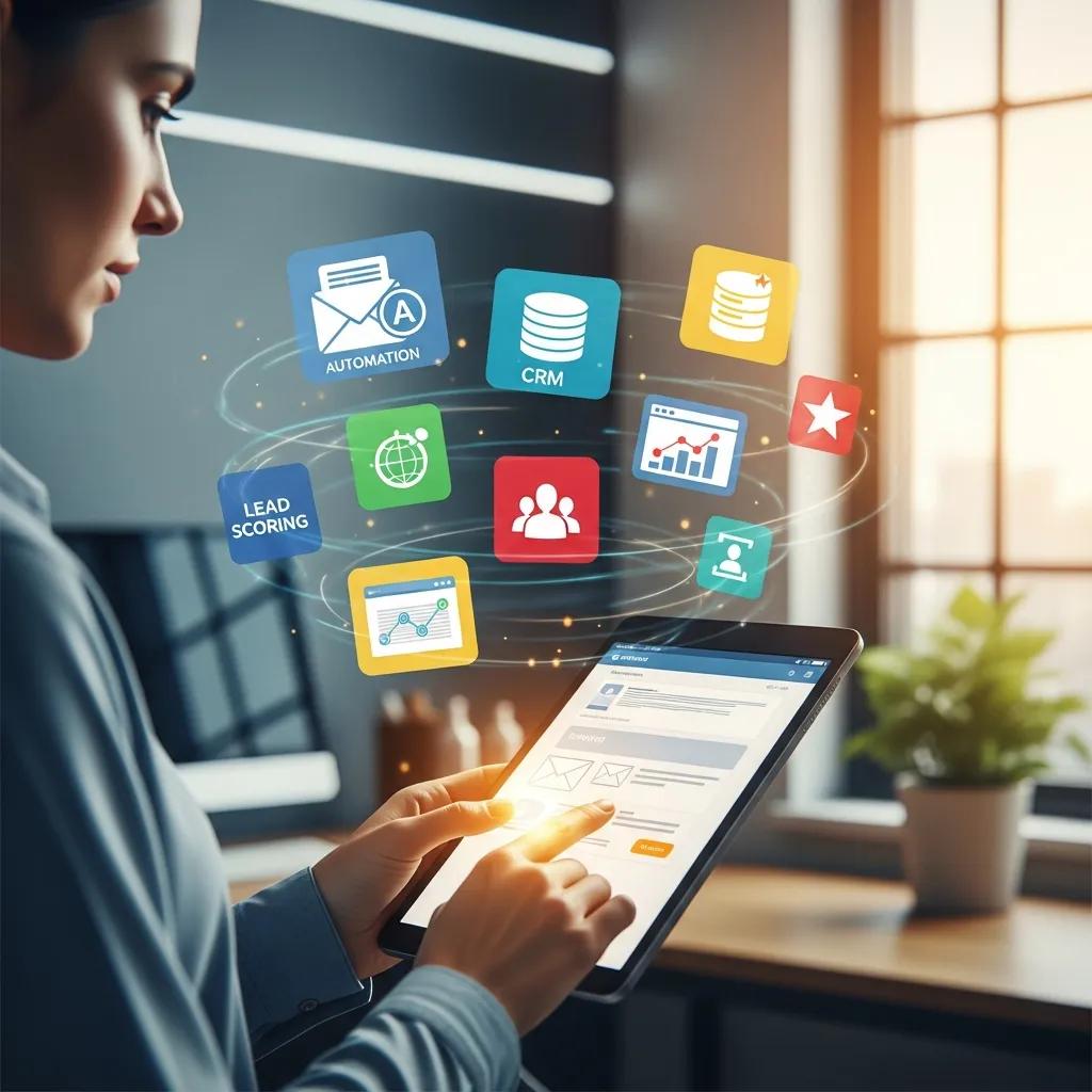 Person using a tablet to manage marketing automation tools with icons representing various applications