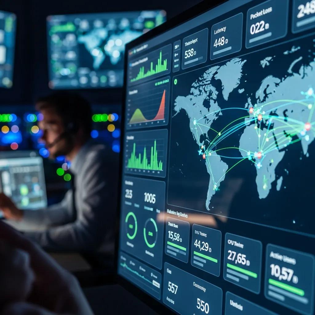 Professional analyzing real-time network performance metrics on a computer screen