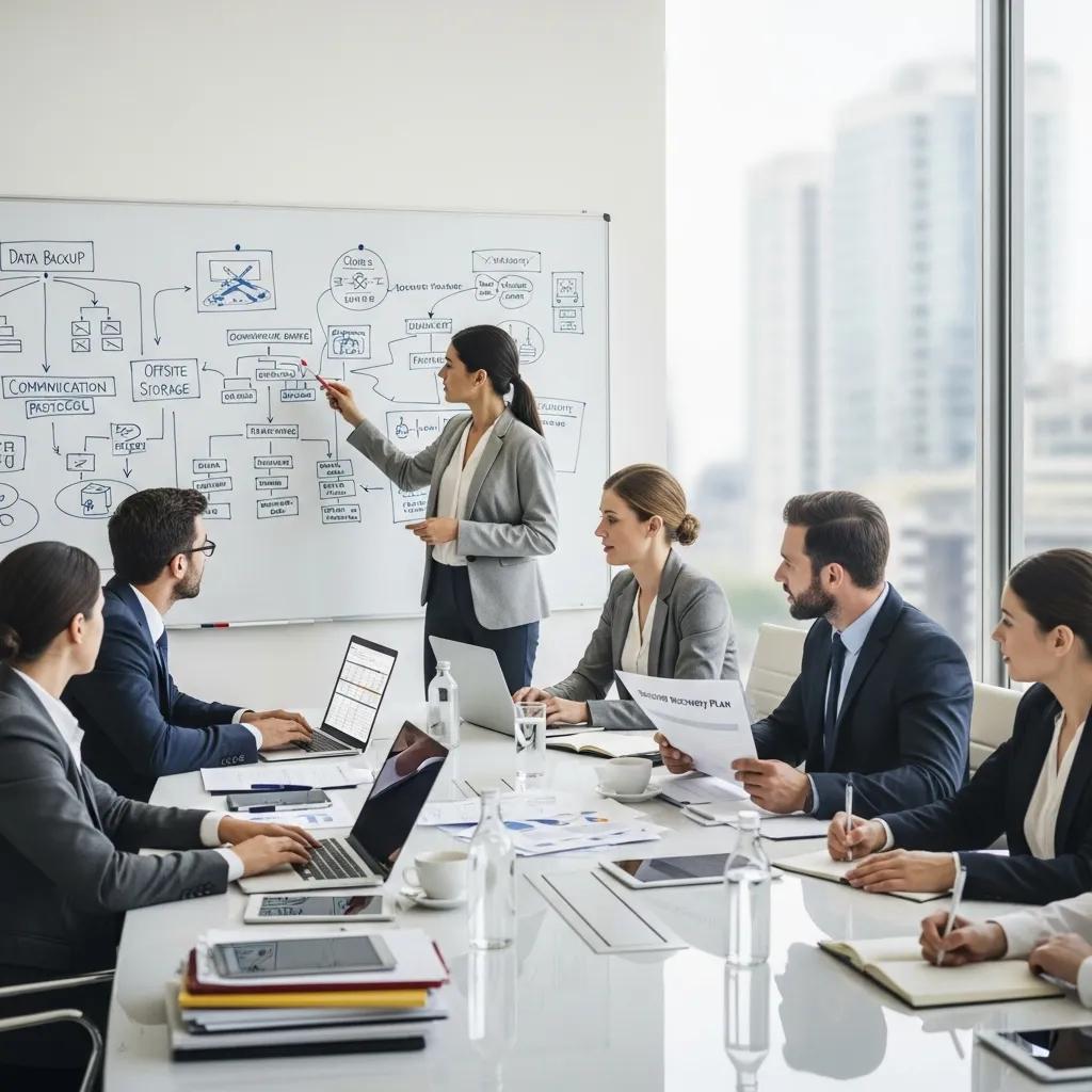 Team discussing a disaster recovery plan in a conference room with planning materials