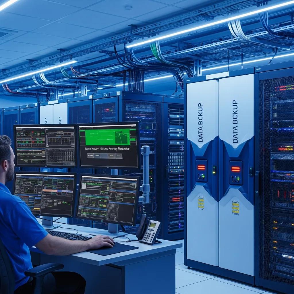 Technician monitoring disaster recovery systems in a secure server room